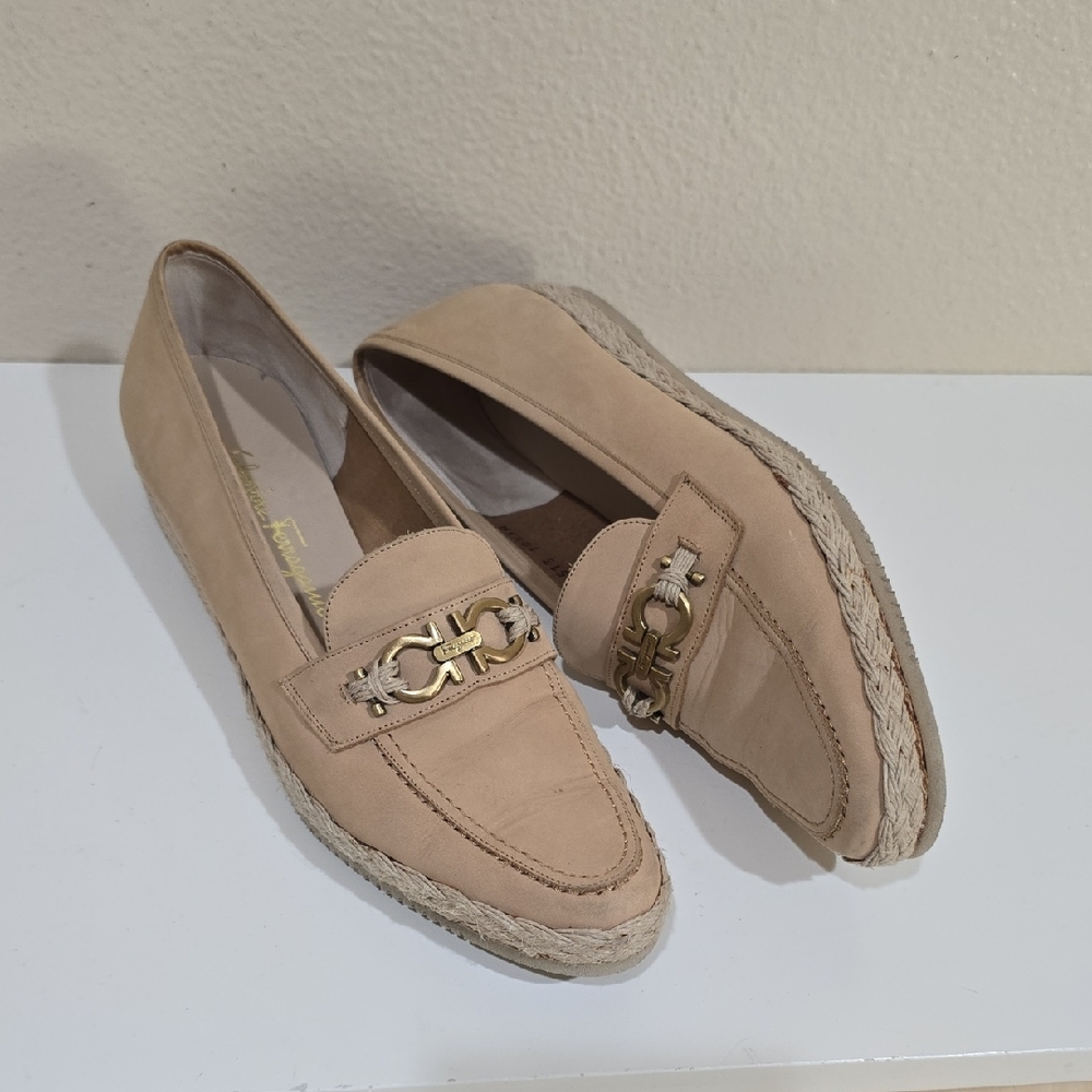 Salvatore Ferragamo Beige Suede Espadrille Loafers with Gold Hardware
